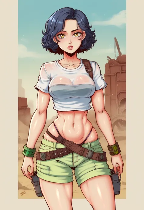 Bright shot: 1.3), epic realistic, yellow eyes, girl raider, (one girl), light gray non-transparent short sleeve top, transparent fabric at the waist, wavy hair 1.4, (dark blue hair), short hair, dark blue and orange color scheme, (light green shorts), aes...