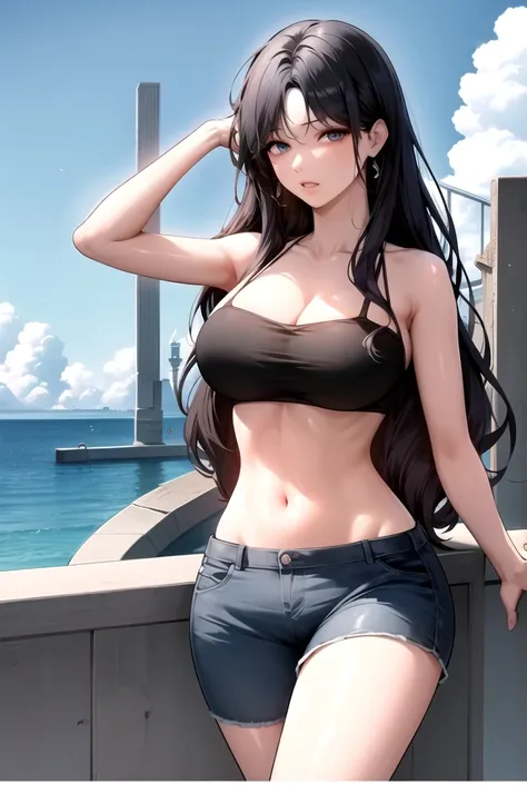 black hair,blue eyes,(high quality eyes),masterpiece, best quality, high quality, highres, outdoors, looking at viewer, midriff,...