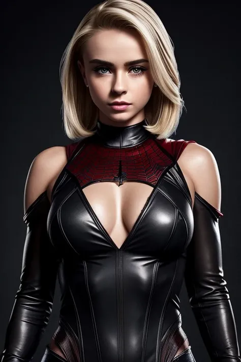 Gorgeous european woman with very short hair, short hair with fringe, wet hair, hair slicked back, combed straight back, slick hair, streaked blonde hair, seductive pose, sabrina carpenter as supergirl, torn ragged supergirl costume, cleavage, solid dark g...