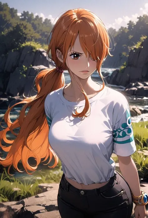 masterpiece, best quality), intricate details, 1 girl, woman, orange hair, nami \ (one piece\), (long hair), shirt, ((white shir...