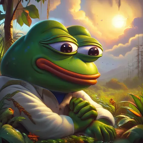 a sleepy pepe the frog, green frog character, cute cartoon animal, digital painting, hyper realistic, highly detailed, 8k, photo...