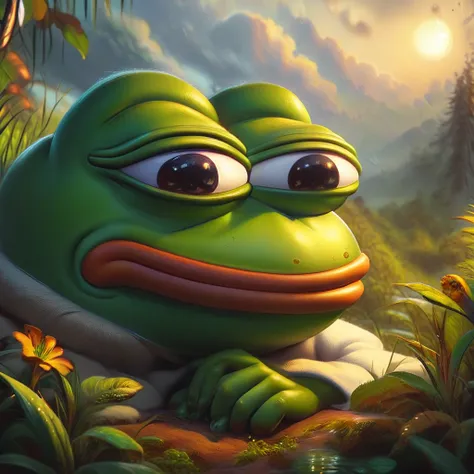 a sleepy pepe the frog, green frog character, cute cartoon animal, digital painting, hyper realistic, highly detailed, 8k, photo...