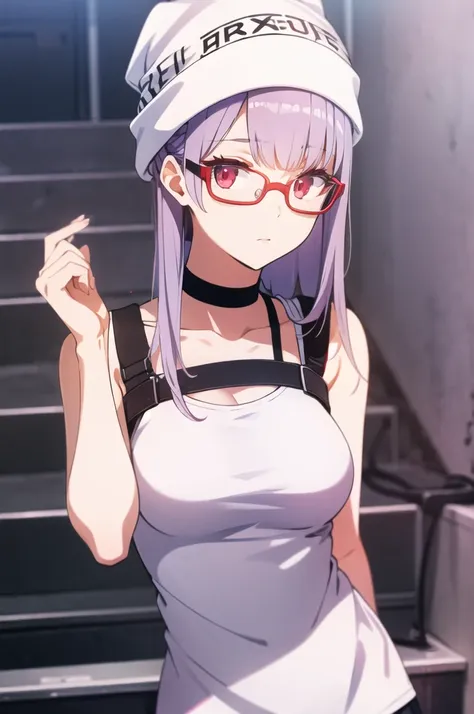 girl, white beanie, bangs, light purple hair, red eyes, glasses, [black tanktop], choker, breasts