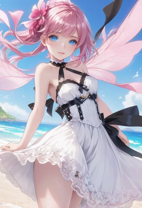 ((highest quality)), ((masterpiece)), (detailed), ((perfect face)), lilia, one girl、pink hair、blue eyes、white dress with black l...