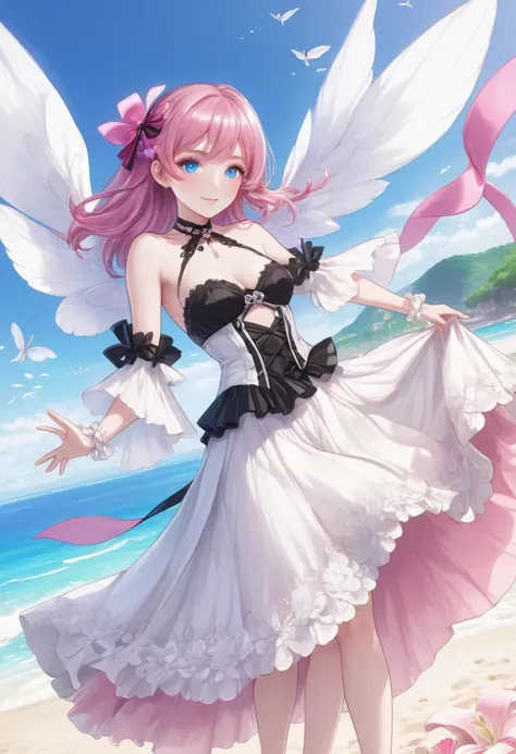 ((highest quality)), ((masterpiece)), (detailed), ((perfect face)), lilia, one girl、pink hair、blue eyes、white dress with black l...