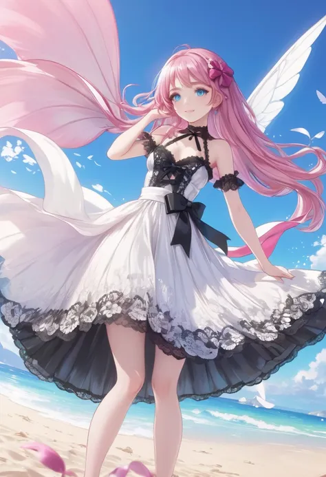 ((highest quality)), ((masterpiece)), (detailed), ((perfect face)), lilia, one girl、pink hair、blue eyes、white dress with black l...