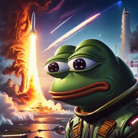 a highly detailed, photorealistic, 4k digital art illustration of pepe the frog watching the launch of elon musk's rocket, dynam...