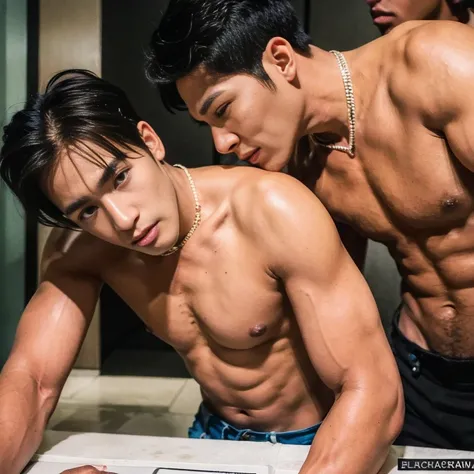 ((Kpop idol  , boys group , 3boys in photo )), nude , naked ,  sexy , eroticism , nsfw , This photorealistic portrait combines the style of National Geographic., Capture every detail of his textured skin in 8k resolution. Leica digital SLR camera. His feat...