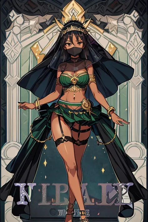 ((Face Veil、Dark Skin、masterpiece、Highest quality、8K))、One beautiful woman、whole body、Are standing、Magical girl、Brown Skin、Black and green costume、Large Breasts、hair ornaments、Cut and sew、Bracelet、belly button、Pattern on the lower abdomen、mini skirt、garter...