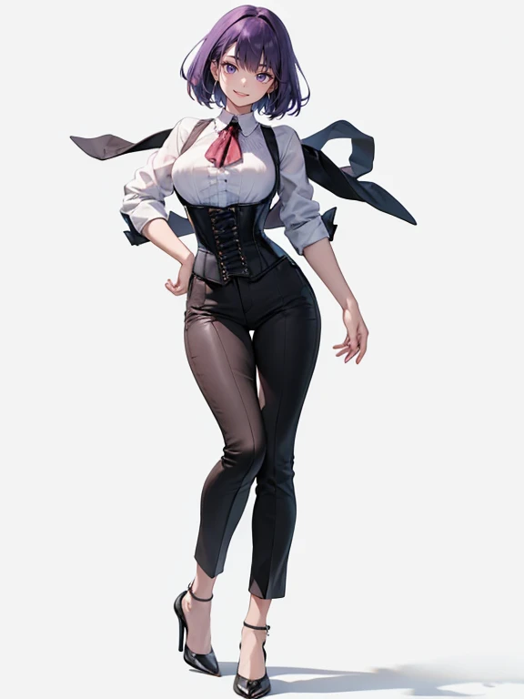 purple,short hair,woman,Shirt with rolled up sleeves,(corset),pants,high heels,Simple white background,smile,whole body,full body,full body,Standing picture,vtuber,upright,,Standing upright with face and body facing forward,