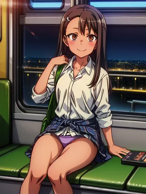 (1) Sitting alone on a long seat in a train,Sit with your legs apart,Composition from the front,Low - Angle,
(2) I&#39;m a jk, She is wearing a uniform consisting of a miniskirt, sailor suit and loose socks.,Panty shot,Showing white panties,
(3) I have med...