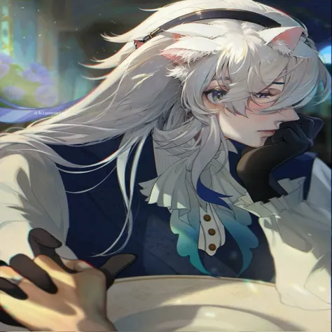 long white hair, (((cat ears)))