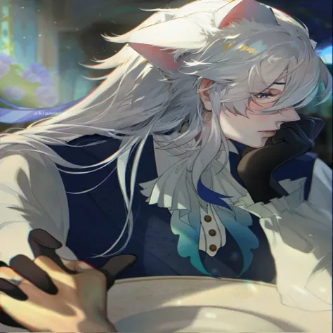 long white hair, (((cat ears)))