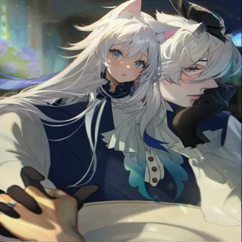 long white hair, (((CAT EARS)))