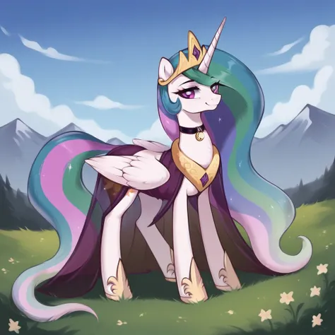 score_9, score_8_up, score_7_up, score_6_up, score_5_up, score_4_up, rating_explicit, outdoors, purple (see through pink dress and neck choker), solo, feral pony, princess  celestia, evil smile, closed mouth,BREAK mountain, day, sky, flower, mountainous ho...