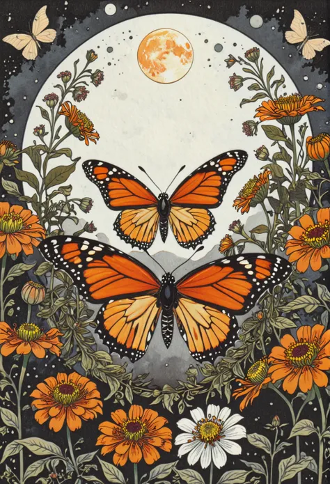 symmetric, balanced, monarch butterfly at the center of the moon surrounded by a frame of zinnia flowers, dark amber and gray co...