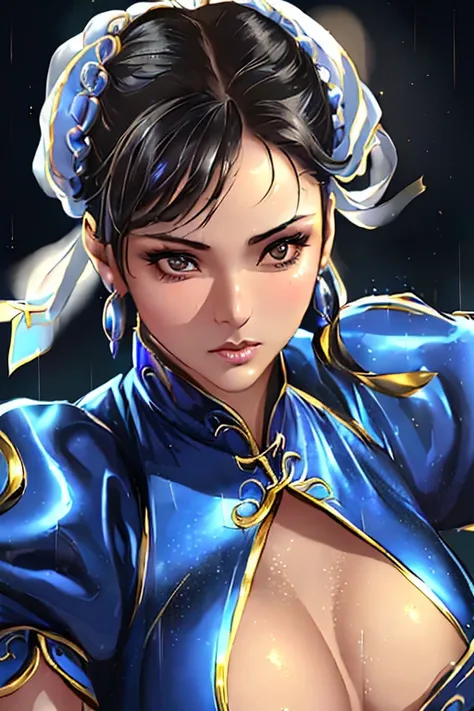 1girl,ChunLi,(best quality,4k,8k,highres,masterpiece:1.2),ultra-detailed,(realistic,photorealistic,photo-realistic:1.37),beautiful detailed eyes,beautiful detailed lips,extremely detailed face and eyes,longeyelashes,beautiful night street background,neon l...