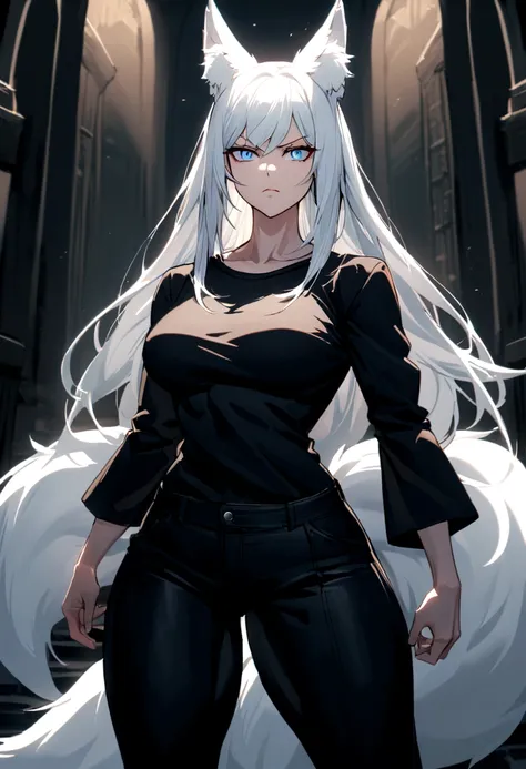 Create a woman she has long straight white hair, 5 white Kitsune tails, she wears a long-sleeved shirt, has blue eyes, and an extremely serious face, wear dark pants, has a well-muscled body with voluminous thighs and medium breasts, dark shirt and fox ear...