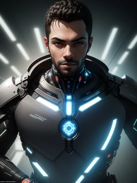 detailed portrait of a futuristic human, realistic cyborg android, highly advanced technology, glowing circuitry, bionic implants, luminous eyes, metallic skin, intricate machinery, sleek robotic design, cinematic lighting, digital energy field, complex en...