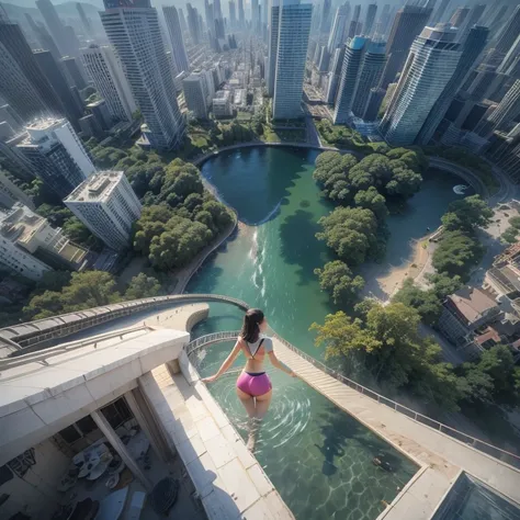 280th floor infinity pool，The tallest building in the urban forest, {Around bonsai|Luo Han Song|coconut palms|tulips|Rose flower}, ExtermlyDetaild(ProfessionlPhoto of Girls floating in the sky:1.37)(Masterpiece 8K TopQuality:1.2), {Leaky shoulders|Cocked b...