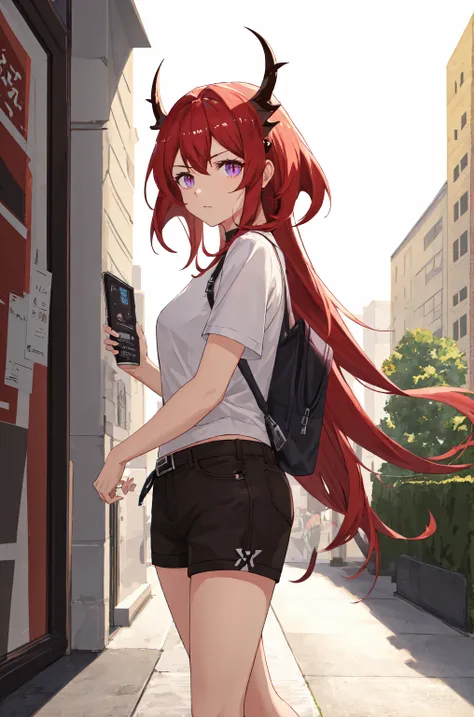 8K,high resolution,absurd,masterpiece,best quality
(hutaodef:1.2),Black shorts,Regular Clothes，white background，Hair Bunch，(surtr_arknights:1.10)，walk，shopping，shorts，Short sleeve