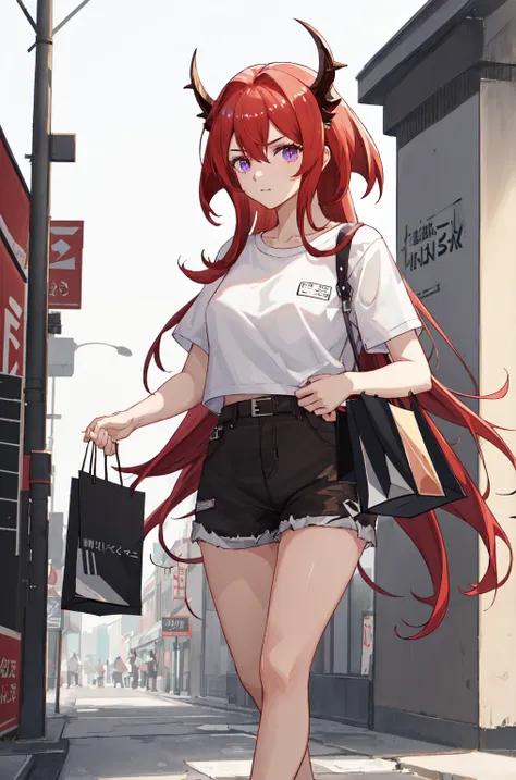 8K,high resolution,absurd,masterpiece,best quality
(hutaodef:1.2),Black shorts,Regular Clothes，white background，Hair Bunch，(surtr_arknights:1.10)，walk，shopping，shorts，Short sleeve