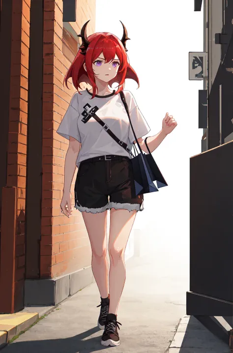 8K,high resolution,absurd,masterpiece,best quality
(hutaodef:1.2),Black shorts,Regular Clothes，white background，Hair Bunch，(surtr_arknights:1.10)，walk，shopping，shorts，Short sleeve