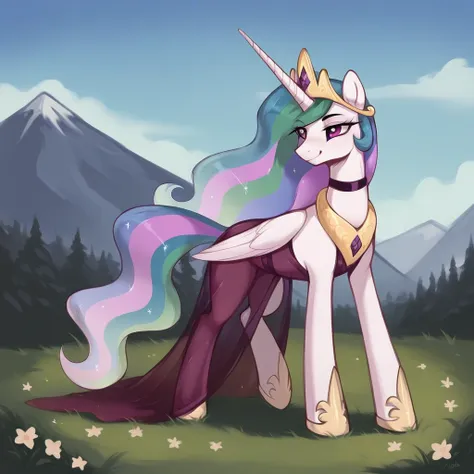 score_9, score_8_up, score_7_up, score_6_up, score_5_up, score_4_up, rating_explicit, outdoors, purple (see through pink dress and neck choker), solo, feral pony, princess  celestia, evil smile, closed mouth,BREAK mountain, day, sky, flower, mountainous ho...