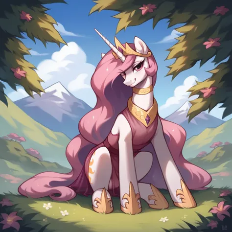 score_9, score_8_up, score_7_up, score_6_up, score_5_up, score_4_up, rating_explicit, outdoors, purple (see through pink dress and neck choker), solo, feral pony, princess  celestia with pink mane, evil smile, closed mouth,BREAK mountain, day, sky, flower,...