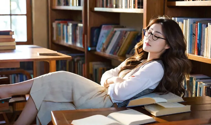 high-quality, realistic, a beautiful asian girl, dozing, cozy library, seating, wooden desk, head resting, folded arms, atop an open book, long, brown, wavy hair cascades over shoulders, peaceful, relaxed face, serene expression, softly closed eyes, light,...