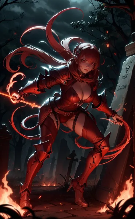 Sexy vampire girl in soldier armor in cemetery lit by flames, she is holding a spear, fully body, movement pose