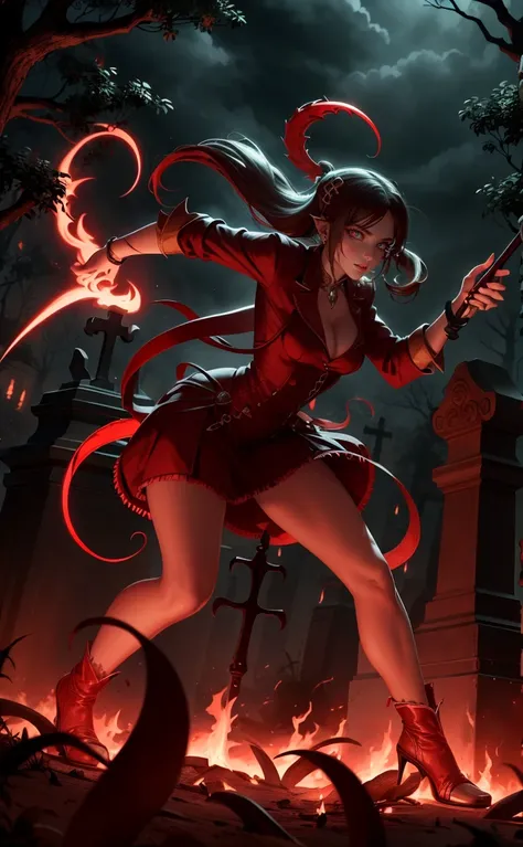 Sexy vampire girl in cemetery lit by flames, she is holding a spear, fully body, movement pose