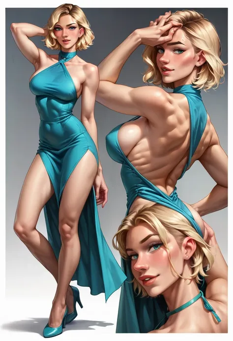 score_9, score_8_up, score_7_up, source_cartoon, BREAK 1girl, solo, short hair Gwen Stacy, looking at viewer, parted lips, teal halter dress, mature woman, beautiful woman, model poses, perfect hands, perfect body, perfect anatomy, anatomically correct.