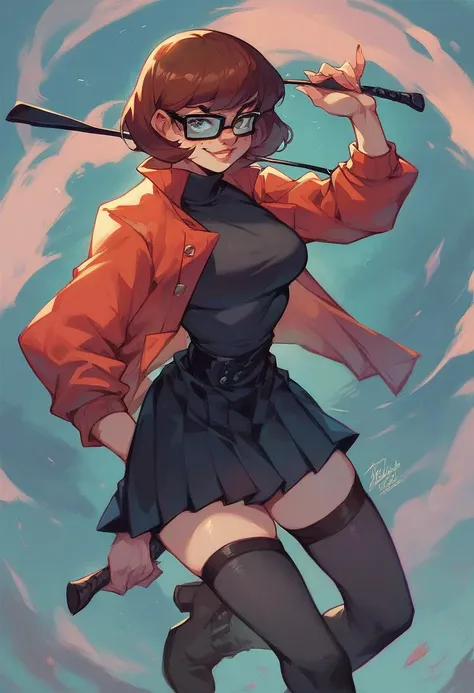 Velma dinkley as a dominatrix holding a riding crop