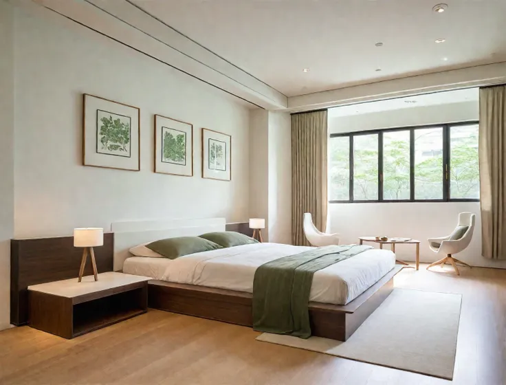 Modern Taiwanese bedroom, clean lines, minimalist, low-profile bed, wooden frame, neutral linens, built-in wardrobes, sliding doors, tea table, floor cushions, artistic decorations, greenery, large windows, sheer curtains, natural light, light wood floorin...