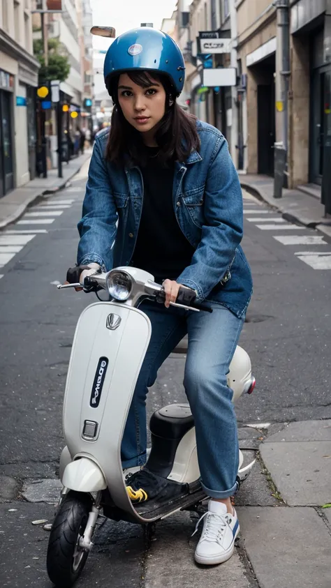 Girl riding scooter, jacket, blue jeans, shoes, helmet, street, (scooter), ((detailed scooter)), hand gloves, 