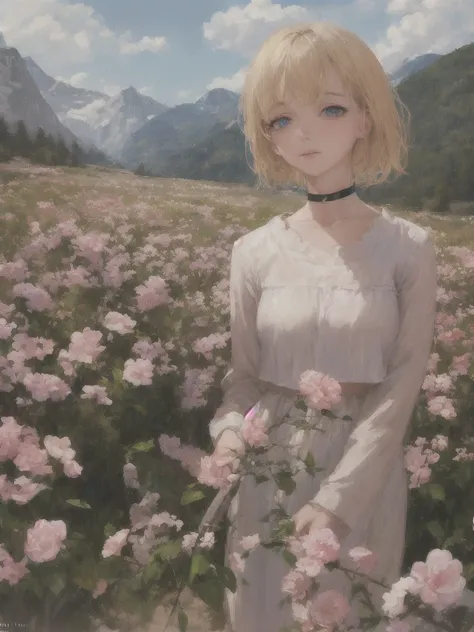 (realistic,painting_style,sexual)mature, 1girl, solo, ,Full body shot, poster, amelia watson, virtual youtuber,blonde hair, blue eyes, choker, flower, short hair, realistic eyes, head tilt, sad, looking_at_viewer, sky, mountain, outdoors, cloud, bangs, upp...