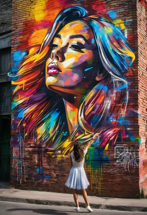 Beautiful stunning woman waving hair splash graffiti wallpainting on a corner house rough brick  wall colorful streetpainting showing street mouvment sun rays dark clouds peoples cars 