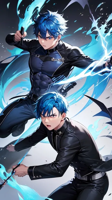 Boys with blue hair,swinging the fire sword,fire eye,angry face,fightning with demon,black suit