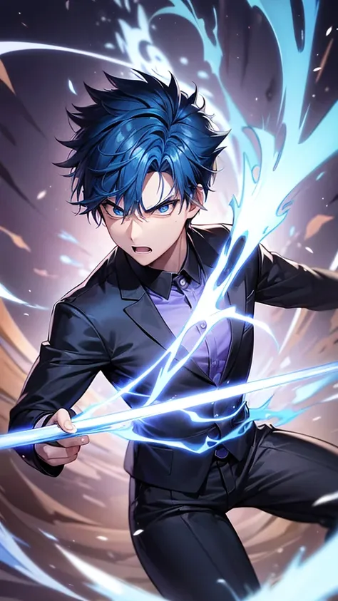 Boys with blue hair,swinging the fire sword,fire eye,angry face,fightning with demon,black suit