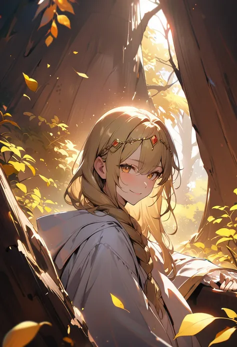 1boy, long overflowing blonde hair loosely braided, golden eyes, subtle holy glow, small golden circlet, looking at viewer, smiling, white robes, girly boy, gigantic tree with golden leaves background, textured skin, award winning, high details, incredible...