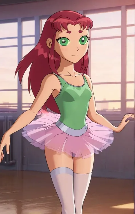 ohxw, star12, red hair, green eyes, pink tutu, pink tank top, bare legs, ballet slippers, full body, blushing, dance studio, 4k, highly detailed, lighting, inside, cartoon, 2d, sharp,