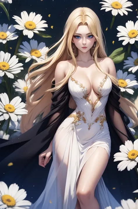 Exquisite and charming anime style illustration, alucard fusão com sarada dark fênix in the daisy flower bed, a beautiful girl with blond hair, blue eyes, half body, hiding in the flowers dark black , colorful and dazzling black . Intricate details, render...