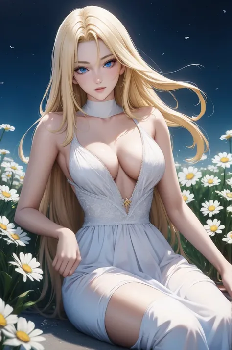 Exquisite and charming anime style illustration, alucard fusão com sarada dark fênix in the daisy flower bed, a beautiful girl with blond hair, blue eyes, half body, hiding in the flowers dark black , colorful and dazzling black . Intricate details, render...