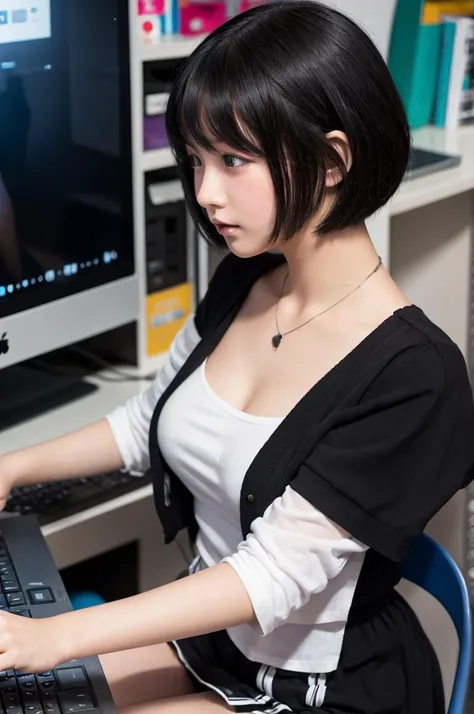 Mannequin doll, high school girl, touching a computer, black straight hair, short hair length