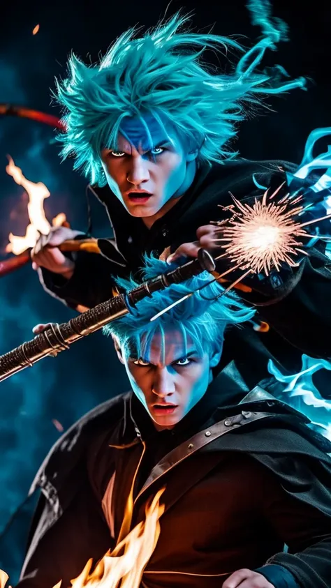 Boys with blue hair,swinging the fire sword,fire eye,angry face,fightning with demon,black suit