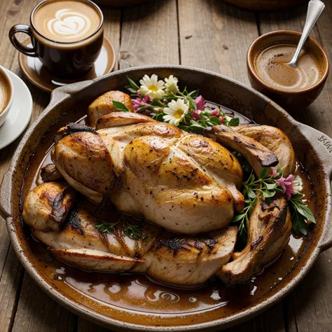 Coffee roasted chicken with flowers