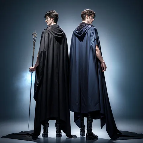 tall man with full body and back wearing a Harry Potter cloak and a wand, magician&#39;s cloak, wizard robes, wearing wizard robes, wearing black wizard robes, mantle movement waving, old magician&#39;s cloak, wearing a dark cloak, wearing hogwarts!!! robe...