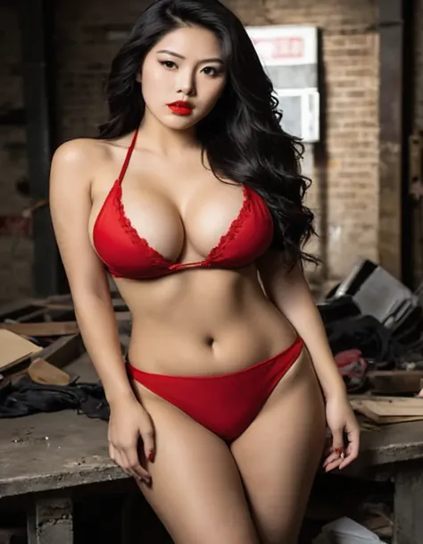 A There Is A Beautiful Asian Woman, Red Lips, Thick Long Hair, Red Micro Bikini, G String Bikini, Big Breast, Curve Hourglass Body, Red High Heels. The woman is in a determined expression and is clearly focused on the task at hand. The background is a dark...