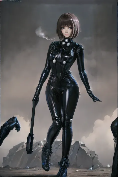 8k,(masterpiece:1.4)(best quality:1.4),(top quality), 1girl,fayuiry,black hair, black eyes, Gantz black bodysuit, medium breast,  standing,  looking at viewer,  solo focus,(shiny skin),steaming body ,full bodyshot